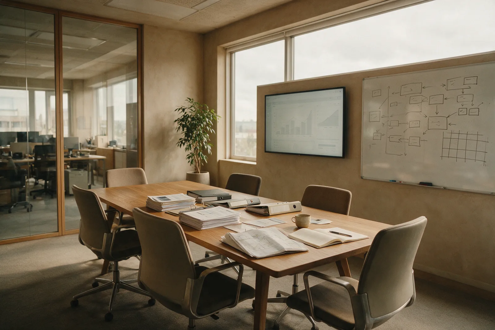 Une salle de réunion vide, table de travail couverte de rapports imprimés et de classeurs, un tableau blanc couvert de schémas tracés à la main.