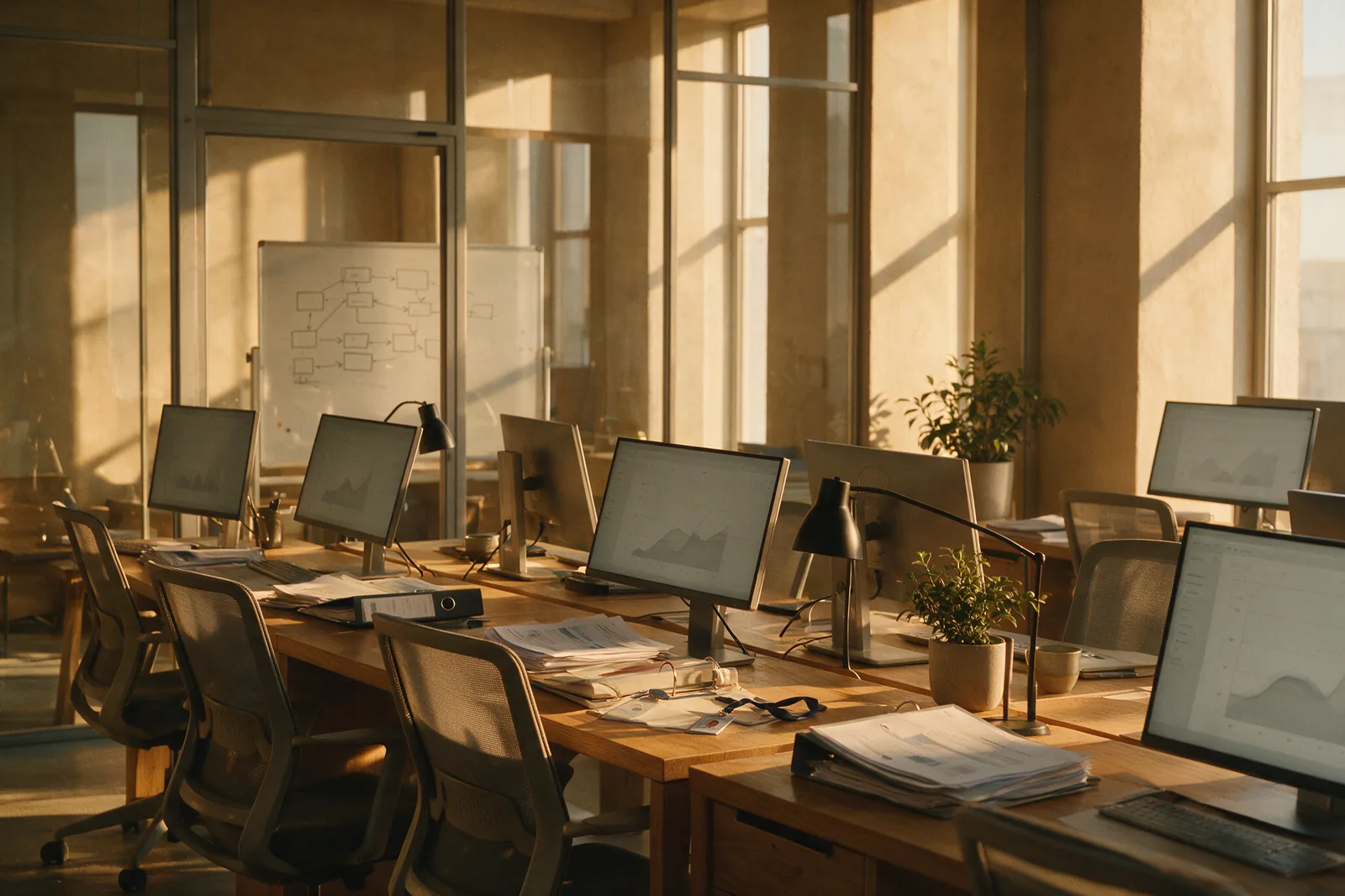 Un plateau de bureaux en fin de journée, postes de travail alignés, dossiers et documents imprimés, un tableau blanc portant un schéma d architecture.